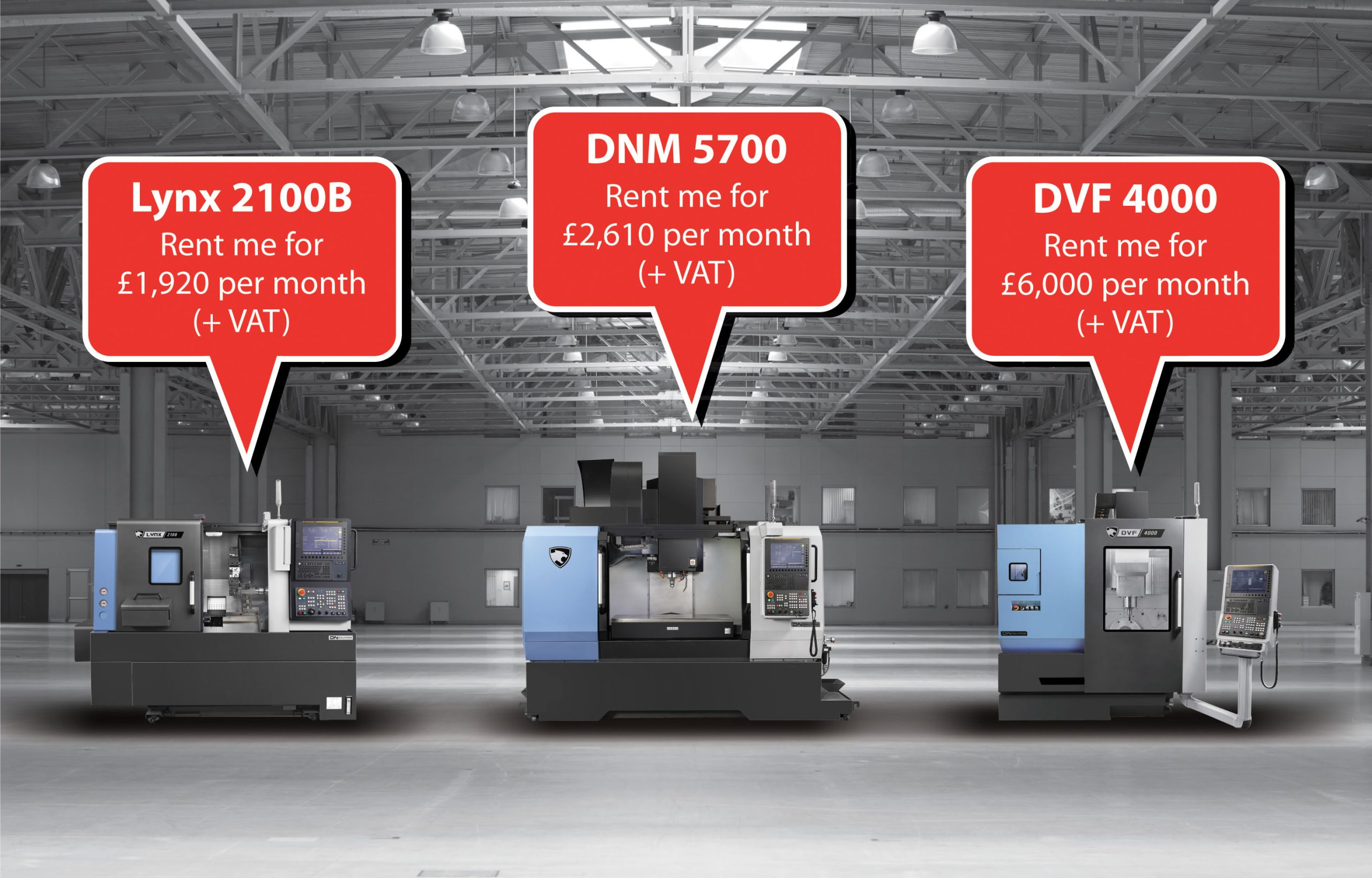 Image of 3 CNC Machines showing their rental rates: Lynx 2100B, £1920+VAT p/m; DNM 5700 £2610+VAT p/m; DVF 4000, £6000+VAT p/m